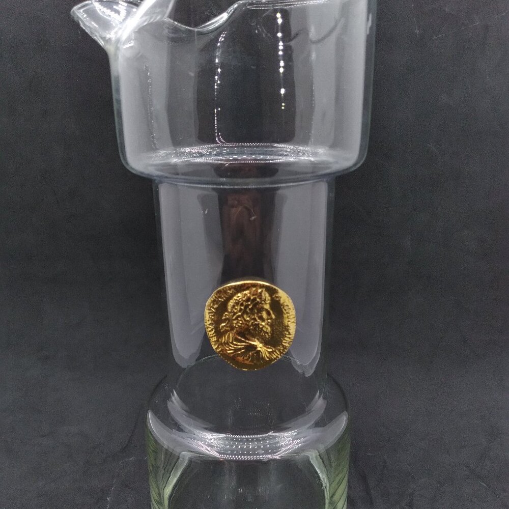 Mid-Century Modern Glass Cocktail Pitcher With Raised Antique Gold Finish Medall